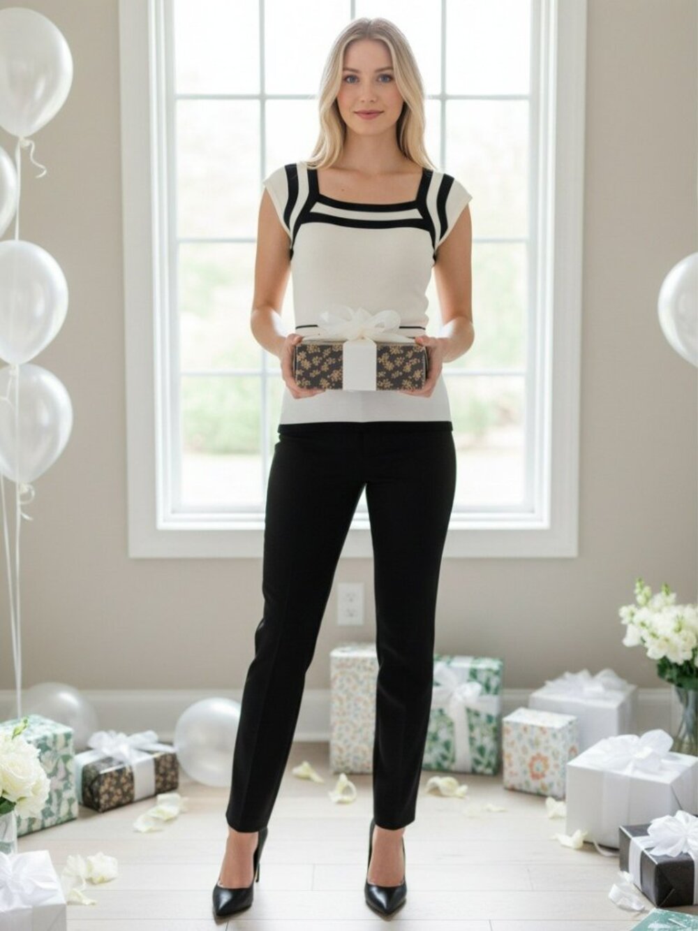 White House Black Market Cream and Black Striped Scoop Neck Short Sleeve Top